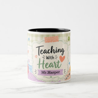 Tasse 2 Couleurs Enseignement personnalisé avec cœur à carreaux pas