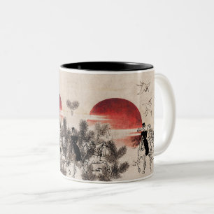 Tasse 2 Couleurs équitation Couple et Bird Sketch au coucher du sol