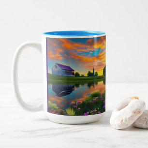 Tasse 2 Couleurs Étang au toit violet de la ferme au lever du solei