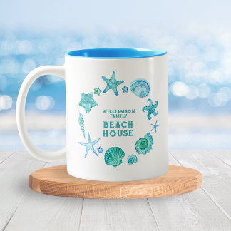 Tasse 2 Couleurs Family Beach House Bleu Aquarelle Coques de mer