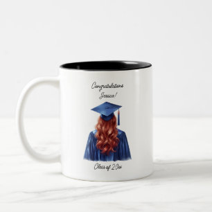 Tasse 2 Couleurs Félicitations Redhead Female Graduate en bleu