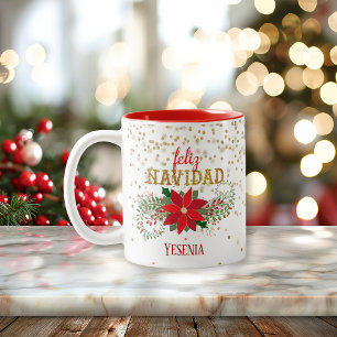 Tasse 2 Couleurs Feliz Navidad Gold Parties scintillant Poinsettia