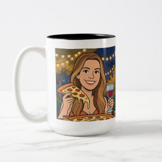 Tasse 2 Couleurs Femme buvant du vin et mangeant de la pizza dehors