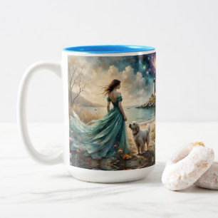 Tasse 2 Couleurs Femme en robe bleue sur la plage avec un chien, ph