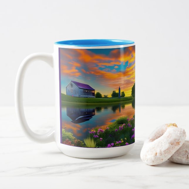Tasse 2 Couleurs Ferme Purple Roof Pond à Sunrise (Avec donut)