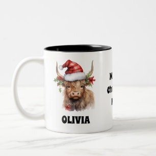 Tasse 2 Couleurs Festif de Noël Highland Calf Personnalisé