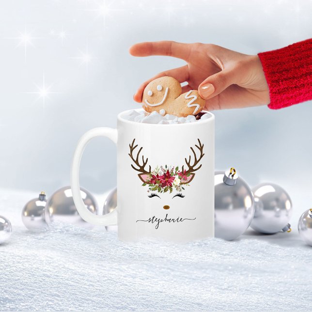 Tasse 2 Couleurs Fête de Noël Reindeer Floral Personnalisé (Créateur téléchargé)