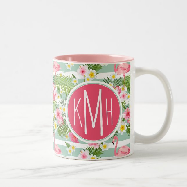 Tasse 2 Couleurs Flamants roses Et Grèves| Monogramme (Droit)