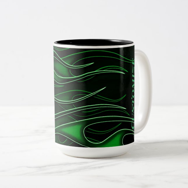 Tasse 2 Couleurs Flammes vertes personnalisées (Devant droit)