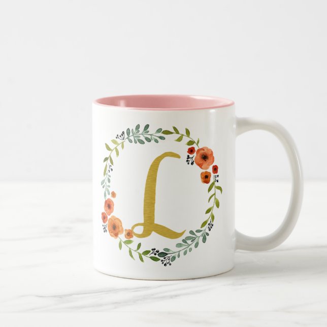 Tasse 2 Couleurs Fleur botanique Wreath Gold Monogramme initial L (Droit)