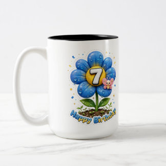 Tasse 2 Couleurs Fleur de Marguerite Bleue 7ème Anniversaire