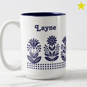 Tasse 2 Couleurs Fleurs d'art populaire minimalistes bleues moderne