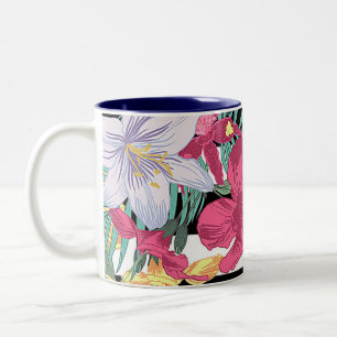 Tasse 2 Couleurs Fleurs Floral Tropical Feuilles Rayures Noires et