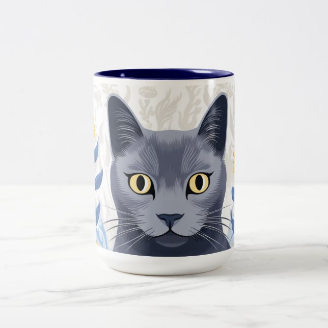 Tasse 2 Couleurs Fleurs Jaunes Chat Bleu Russe (Centre)