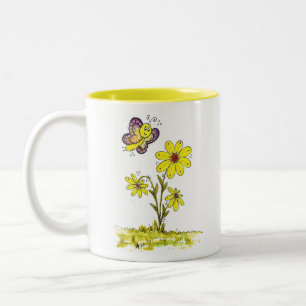 Tasse 2 Couleurs Fleurs jaunes Whimsical avec un papillon