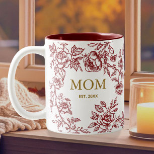 Tasse 2 Couleurs Fleurs Vintage Toile De Jouy Rouge Fête Des Mères 