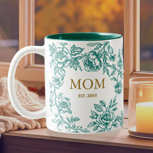 Tasse 2 Couleurs Fleurs Vintage Toile De Jouy Verte Fête Des Mères 