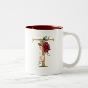 Tasse 2 Couleurs Floral Blush Bourgogne or Monogramme personnalisé