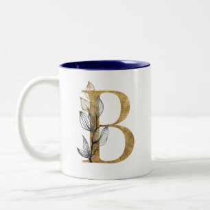 Tasse 2 Couleurs Floral Gold Feuilles Bleus Monogramme Personnalisé