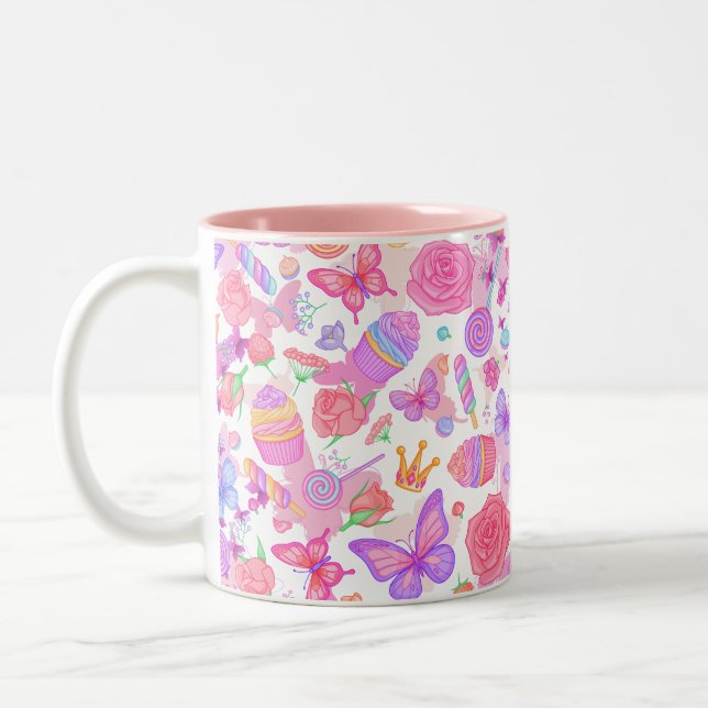 Tasse 2 Couleurs Fun Papillon rose, Cupcake, Motif de bonbons (Gauche)