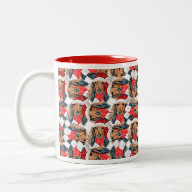 Tasse 2 Couleurs Funny Long Haired Dachshund Motif de Noël (Gauche)