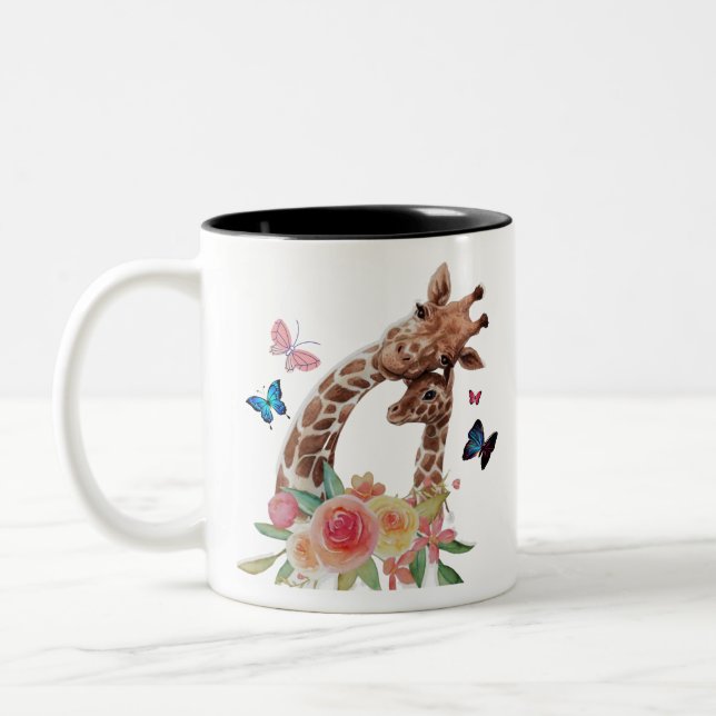 Tasse 2 Couleurs Giraffe Bébé & Maman Avec Papillons (Gauche)