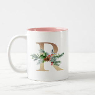 Tasse 2 Couleurs Gold Foil R Monogram Pine & Berry Christmas