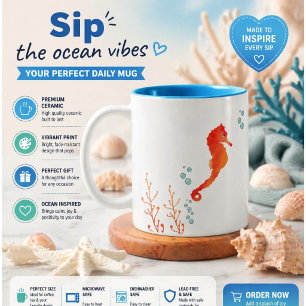 Tasse 2 Couleurs Hippocampe bleu côtier et café aquarelle corail 