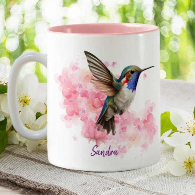 Tasse 2 Couleurs Hummingbird Aquarelle rose Floral Personnalisé (Créateur téléchargé)