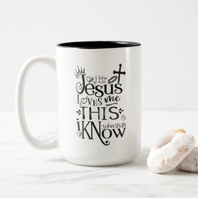 Tasse 2 Couleurs JÉSUS M'AIME Foi chrétienne Citation Noire (Avec donut)