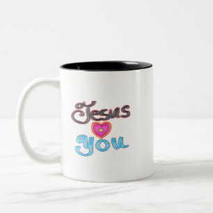 Tasse 2 Couleurs Jésus t'aime avec un cœur rose 