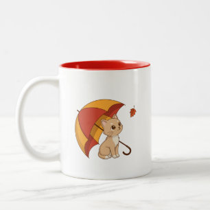 Tasse 2 Couleurs Joli Chat Chaton Rouge Jaune Parapluie Automne
