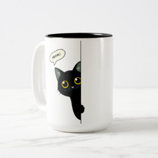 Tasse 2 Couleurs Joli Chat Noir qui Regarde Autour du Coin | Drôle