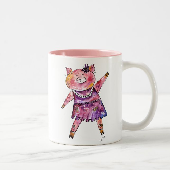 Tasse 2 Couleurs Joli Cochon De Danse Whimsical (Droit)