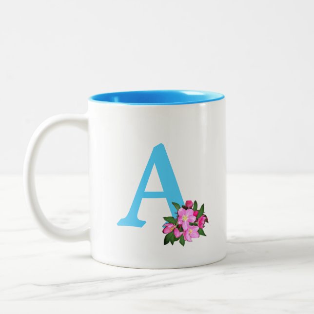 Tasse 2 Couleurs Joli monogramme turquoise avec fleurs de pomme (Gauche)