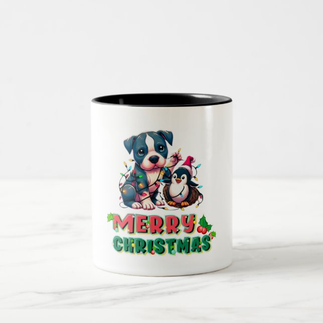 Tasse 2 Couleurs Joli Pitbull et Penguin Noël maladroit (Centre)