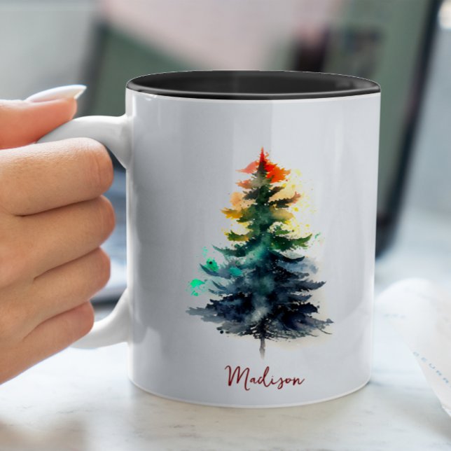 Tasse 2 Couleurs Jolie aquarelle fête pin vert Noël (Créateur téléchargé)