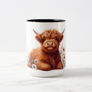 Tasse 2 Couleurs Jolie vache des Highlands à fleurs 
