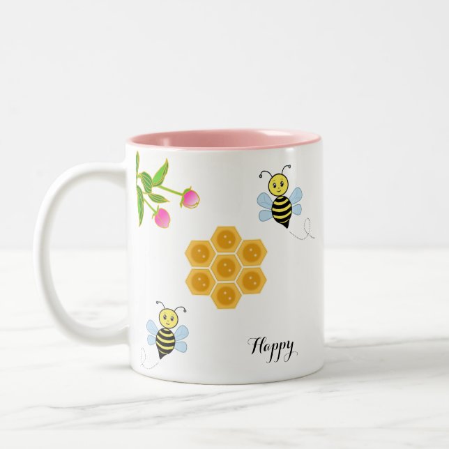Tasse 2 Couleurs Joyeuses abeilles, fleurs roses et nid d'abeille (Gauche)