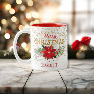 Tasse 2 Couleurs Joyeux Noël Parties scintillant or Poinsettia