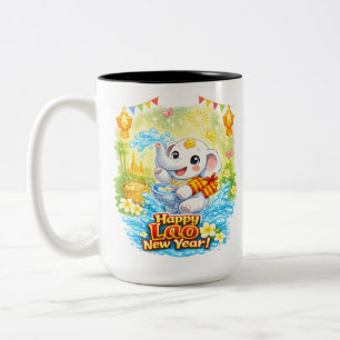 Tasse 2 Couleurs Joyeux Nouvel An lao – Douce éléphant blanc Pi Mai
