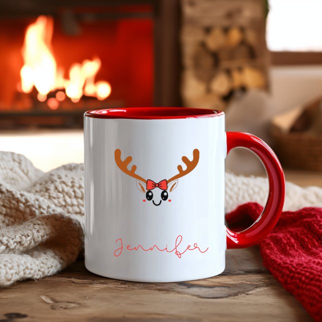 Tasse 2 Couleurs Kawaii Girl Reindeer Face Custom Name Christmas (Créateur téléchargé)