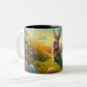 Tasse 2 Couleurs Lapin de Pâques et Oeufs colorés dans la magie du 