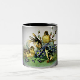 Tasse 2 Couleurs Lapin de Pâques vintage, Bébés poussins & Fleurs, 