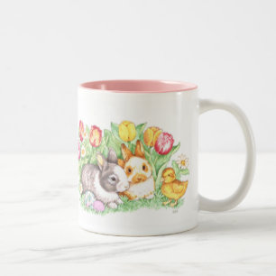 Tasse 2 Couleurs Lapins, caneton et tulipes de Pâques