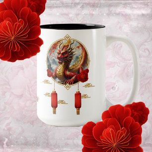 Tasse 2 Couleurs Le dragon chinois rouge or vous souhaite une bonne