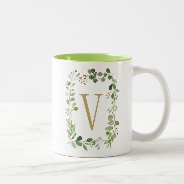 Tasse 2 Couleurs Le vert rêveur botanique laisse le monogramme (Droit)