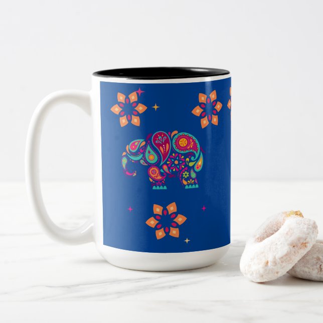Tasse 2 Couleurs l'éléphant indien Diwali mandala (Avec donut)