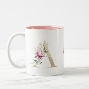 Tasse 2 Couleurs Lettre A Florale Rose Monogramme Or Personnalisé