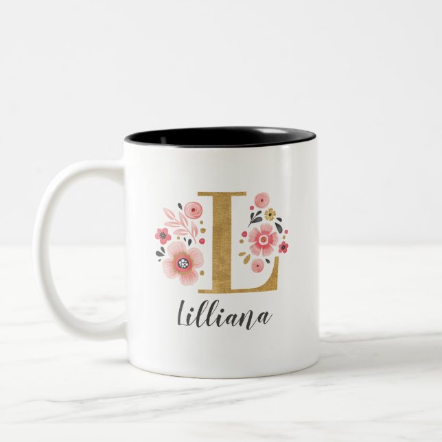 Tasse 2 Couleurs Lettre initiale florale rose monogramme L (Gauche)